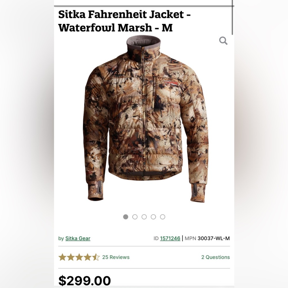 SOLD (local sale) SITKA Men’s Hunting Jacket. Size LARGE. Fahrenheit. Water Fowl